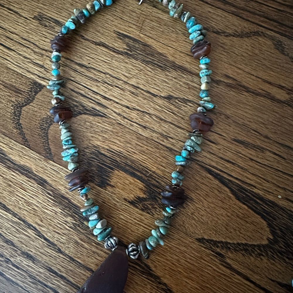 C1929-1930 rare dark brown sea glass turquoise and sterling silver necklace - Picture 4 of 8